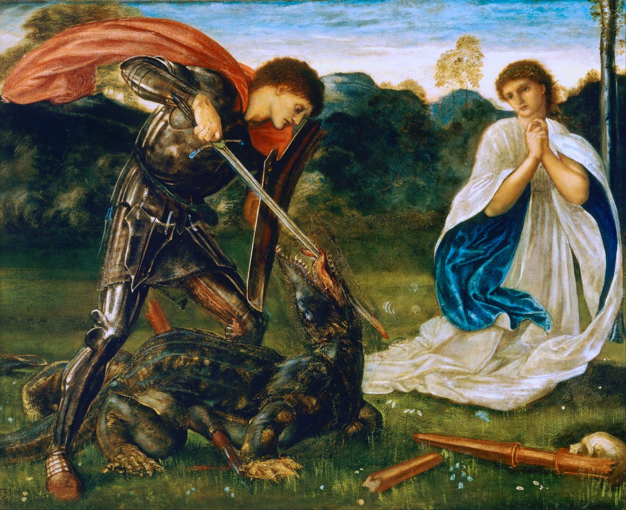 Het gevecht: Sint Joris doodt de draak VI door Edward Burne-Jones