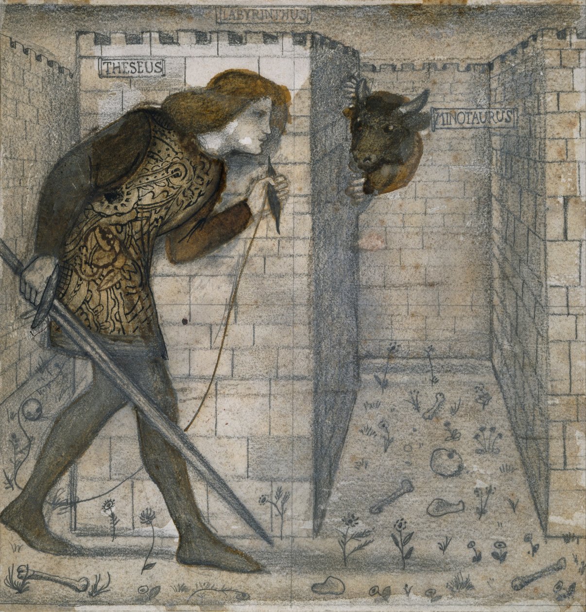 Tegelontwerp - Theseus en de Minotaurus in het Labyrint door Edward Burne-Jones