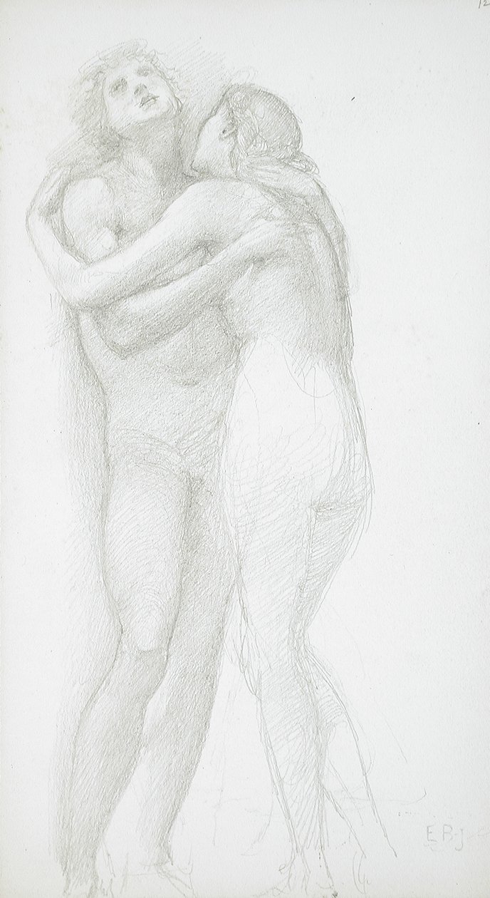 Twee elkaar omhelzende naakten door Edward Burne-Jones