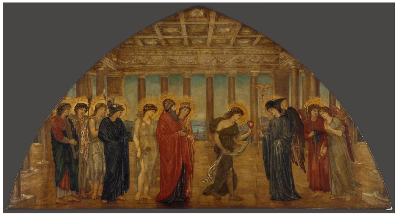 Cupido en Psyche - Groene muurschilderingen in het Paleis - Psyche die de poorten van Olympus binnengaat door Edward Burne Jones