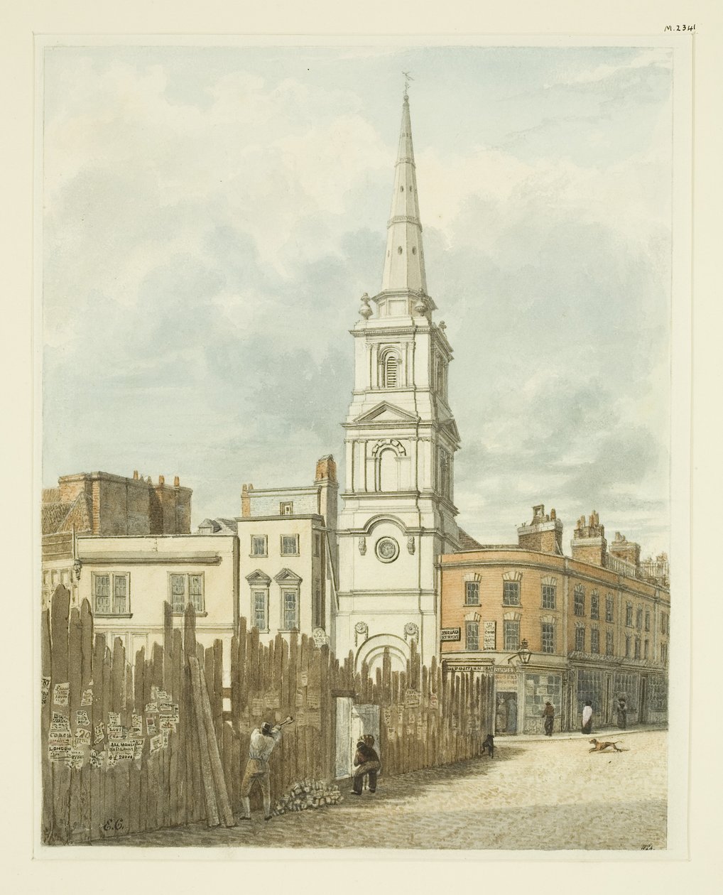 Christ Church vanaf de Beurs met de bouwplaats van het Nieuwe Raadhuis door Edward Cashin