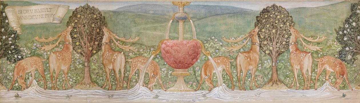 Herten bij een fontein door Edward Coley Burne Jones