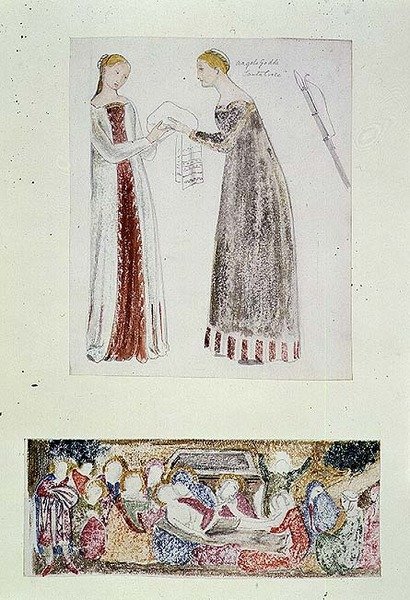Twee dienstmeisjes, een kopie van De Geboorte van Maria door Giovanni da Milano door Edward Coley Burne Jones