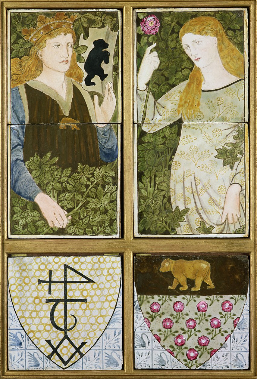 Koning Arthur en Koningin Guinevere, Zes Tegelpaneel vervaardigd door Morris, Marshall, Faulkner & Co. door Edward Burne Jones