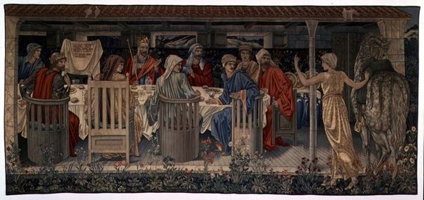 Zoektocht naar de Heilige Graal Wandtapijten, Paneel 1, Ridders van de Ronde Tafel opgeroepen door de Vreemde Jonkvrouw, 1898-1899 door Edward Burne Jones