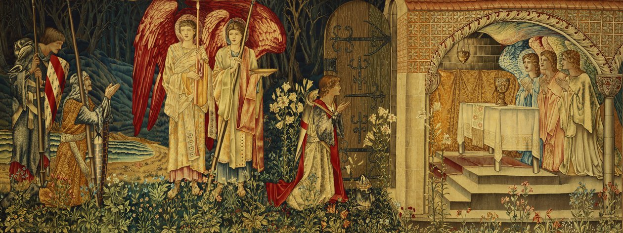 De prestatie van de Heilige Graal door Sir Galahad, Sir Bors en Sir Percival door Edward Burne Jones