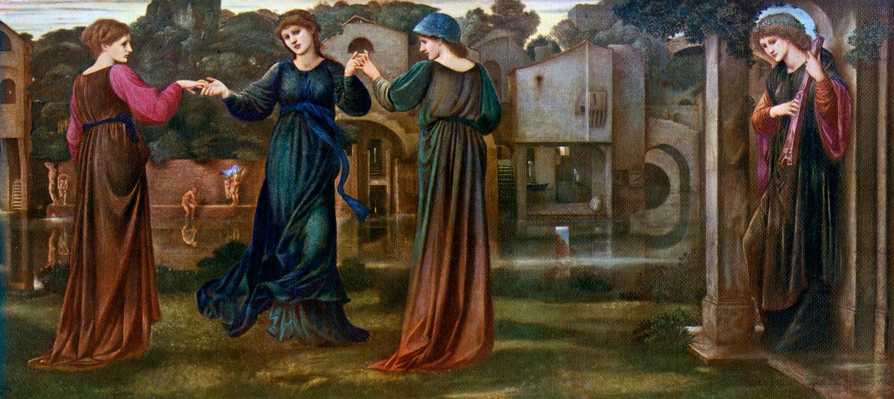 De molen, meisjes dansen op muziek bij een rivier, 1870, 1912 door Edward Burne Jones