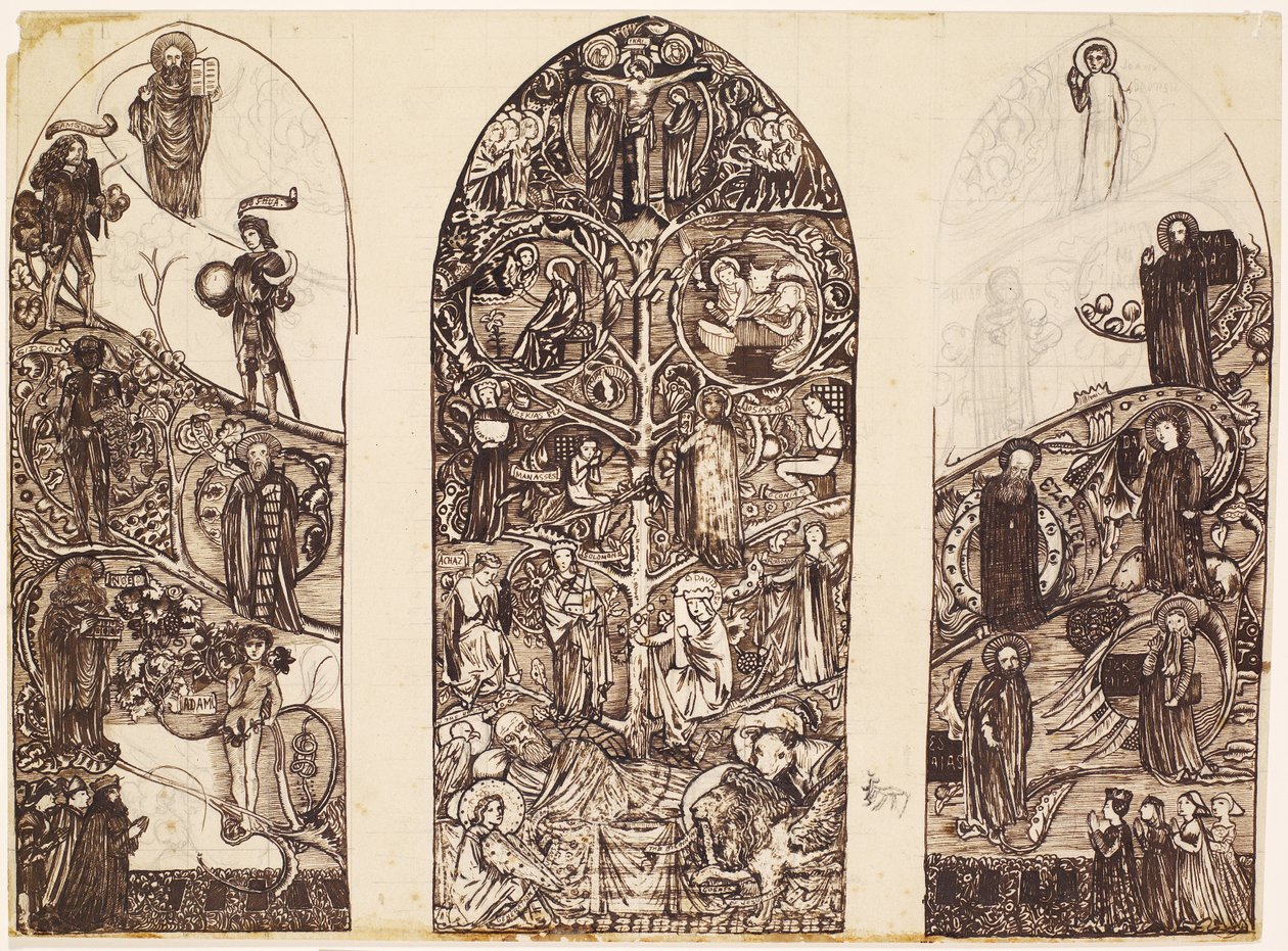 De boom van Jesse, ontwerp voor glas-in-lood in Waltham Abbey, geproduceerd door Powell & Co., 1860 door Edward Burne Jones