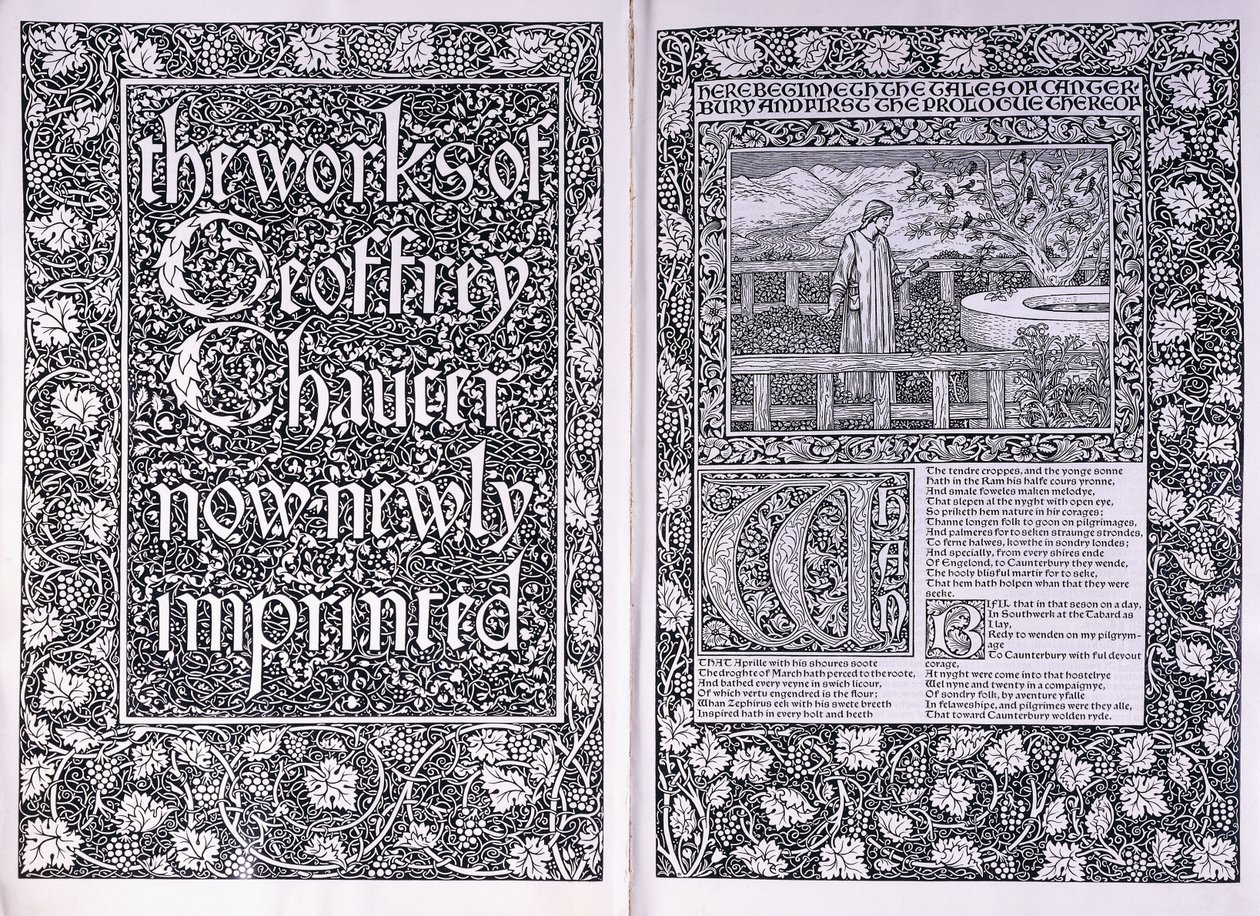 Titelpagina en openingspagina van de Kelmscott Press editie van "The Works of Geoffrey Chaucer", 1896 door Edward Burne Jones