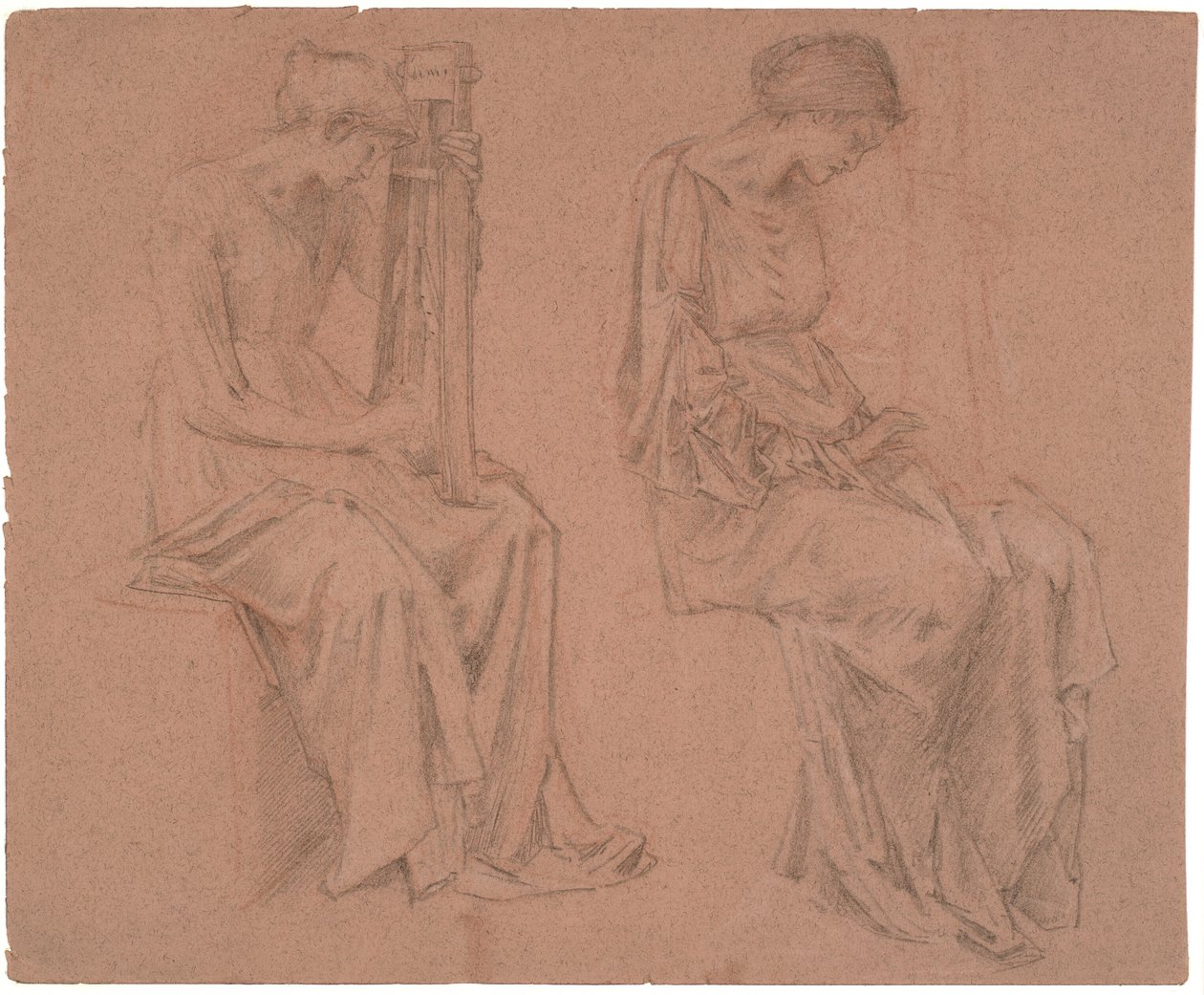 Twee studies van een zittend meisje dat een citer bespeelt door Edward Coley Burne Jones