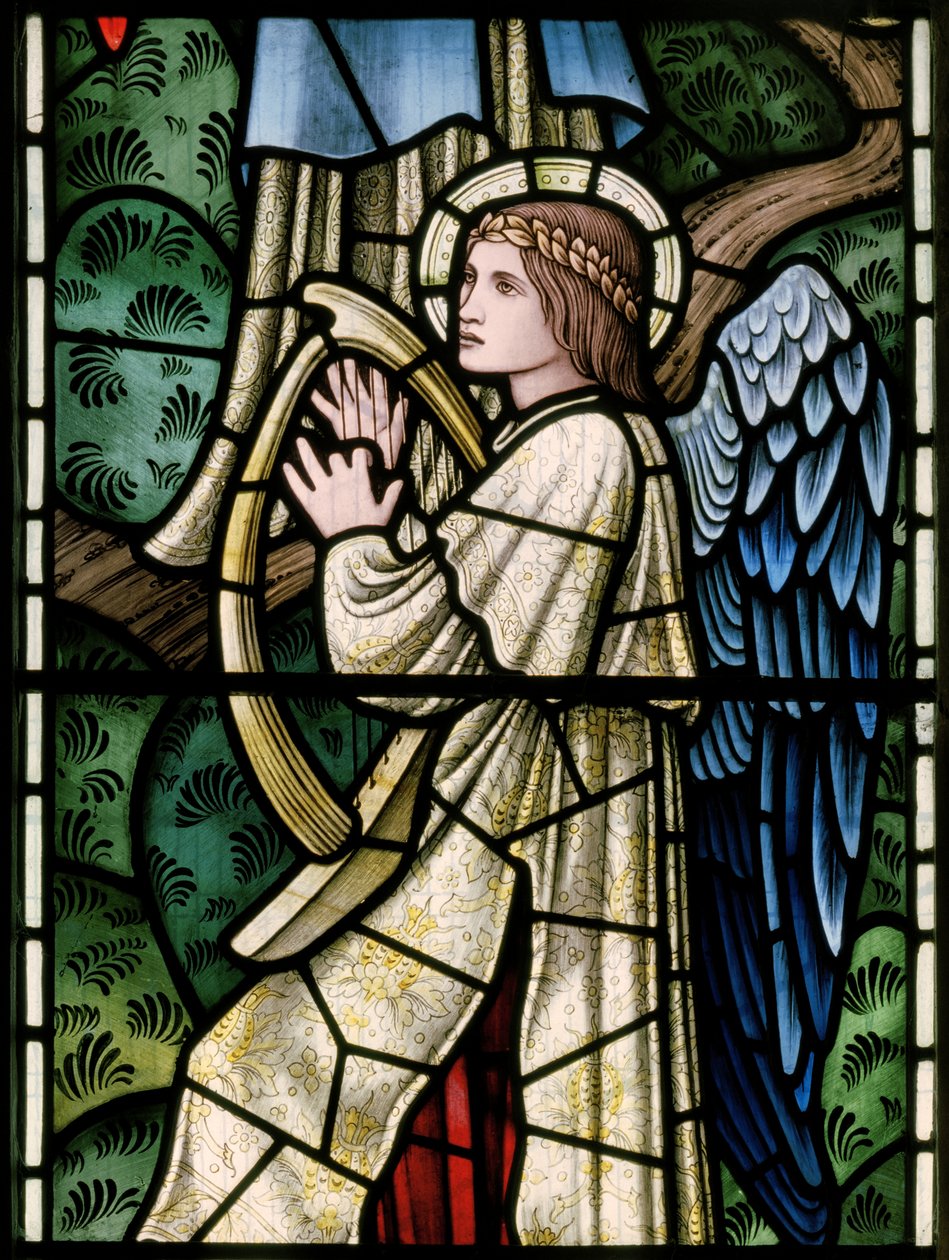 Wilden, All Saints, Morris & Co., Edward Burne-Jones, John Henry Dearle, Engelen van het paradijs, Angel Musicians (detail), Louisa, Alfred, The Baldwins, Premier, Methodist, Worcestershire door Edward Coley and Dearle Burne-Jones