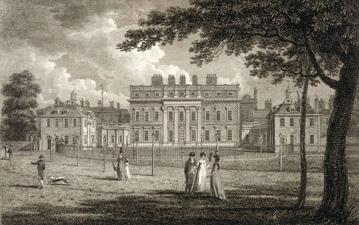 Uitzicht op Buckingham House, gegraveerd door W. Knight, gepubliceerd 1799 door Edward Dayes