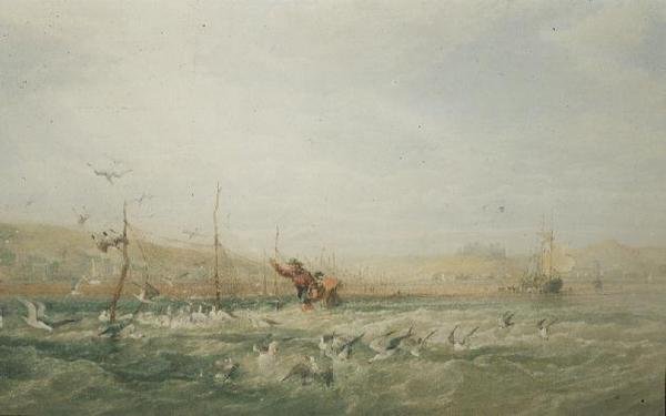 Vissers die Meeuwen van de Netten Verjagen, Mumbles, Zuid-Wales door Edward Duncan