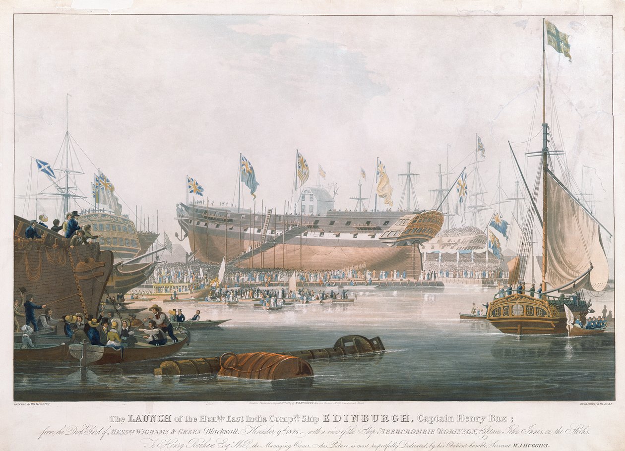 Lancering van de Edinburgh in Blackwall, 9 november 1825 door Edward Duncan