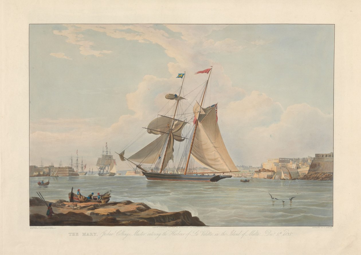 De Mary, Joshua Collings, kapitein, bij het binnenvaren van de haven van La Valletta, op het eiland Malta, 5 dec. 1835 door Edward Duncan