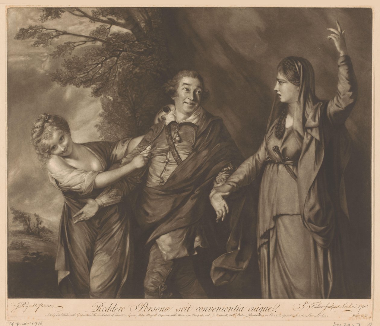 Portret van David Garrick tussen komedie en tragedie door Edward Fisher