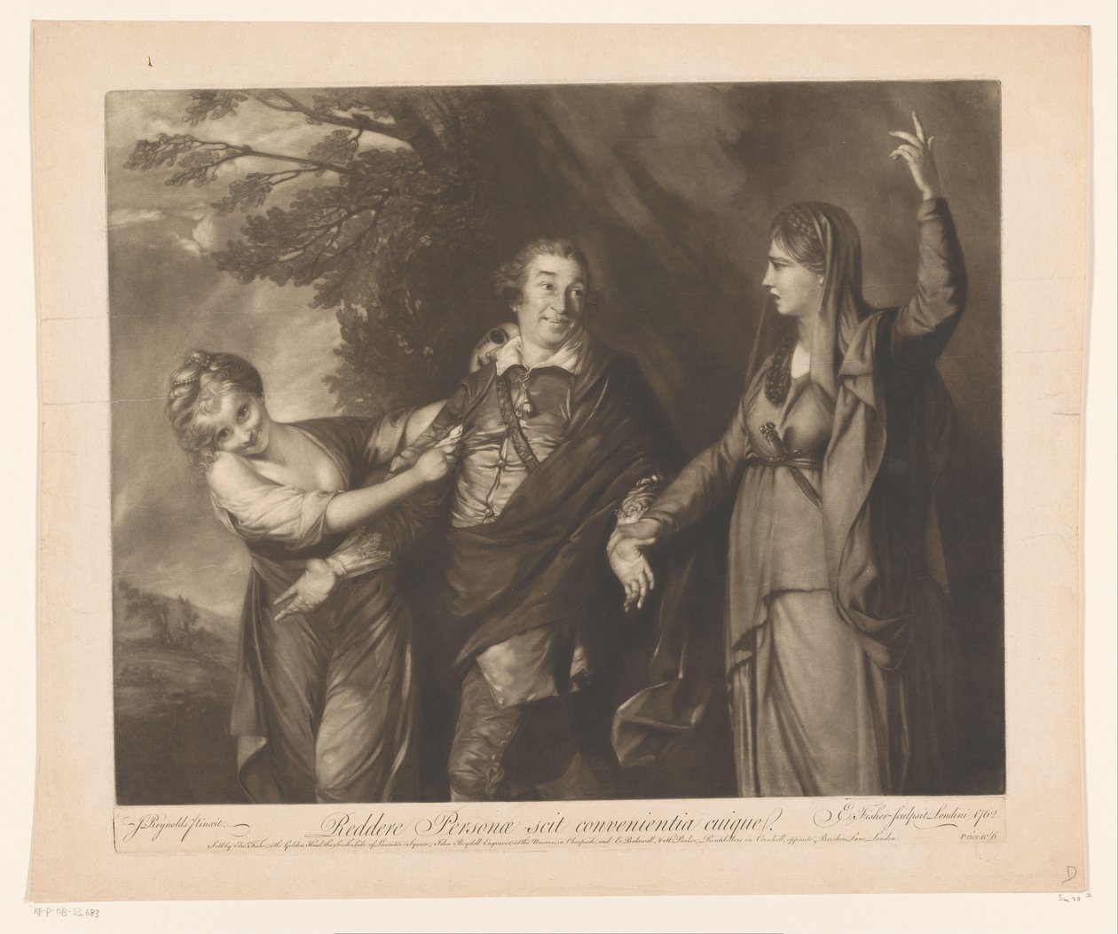 Portret van David Garrick tussen personificaties van komedie en tragedie door Edward Fisher