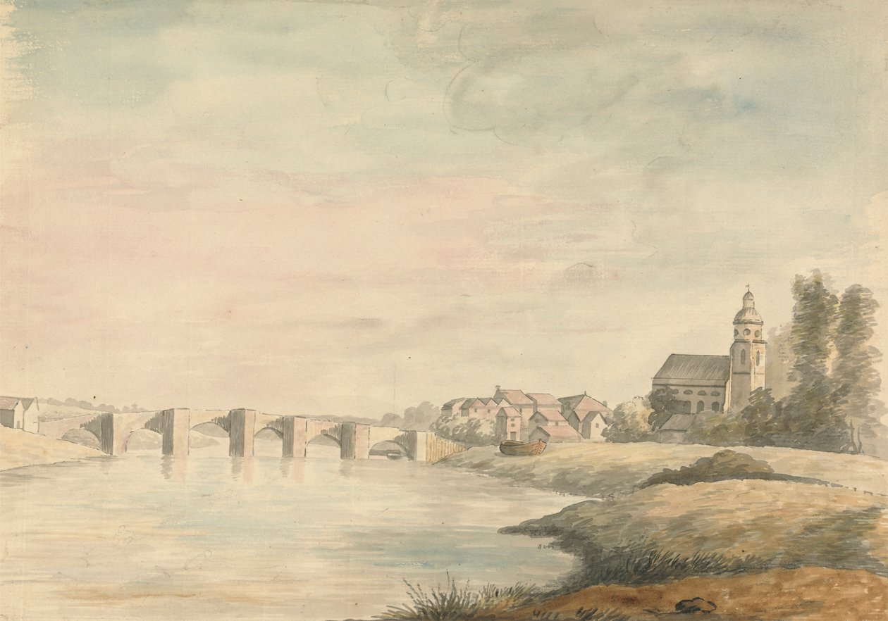 Rivierlandschap met brug door Edward Francis Burney