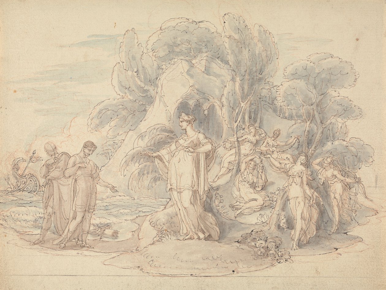 Telemachus en Mentor landen op het eiland Calypso door Edward Francis Burney