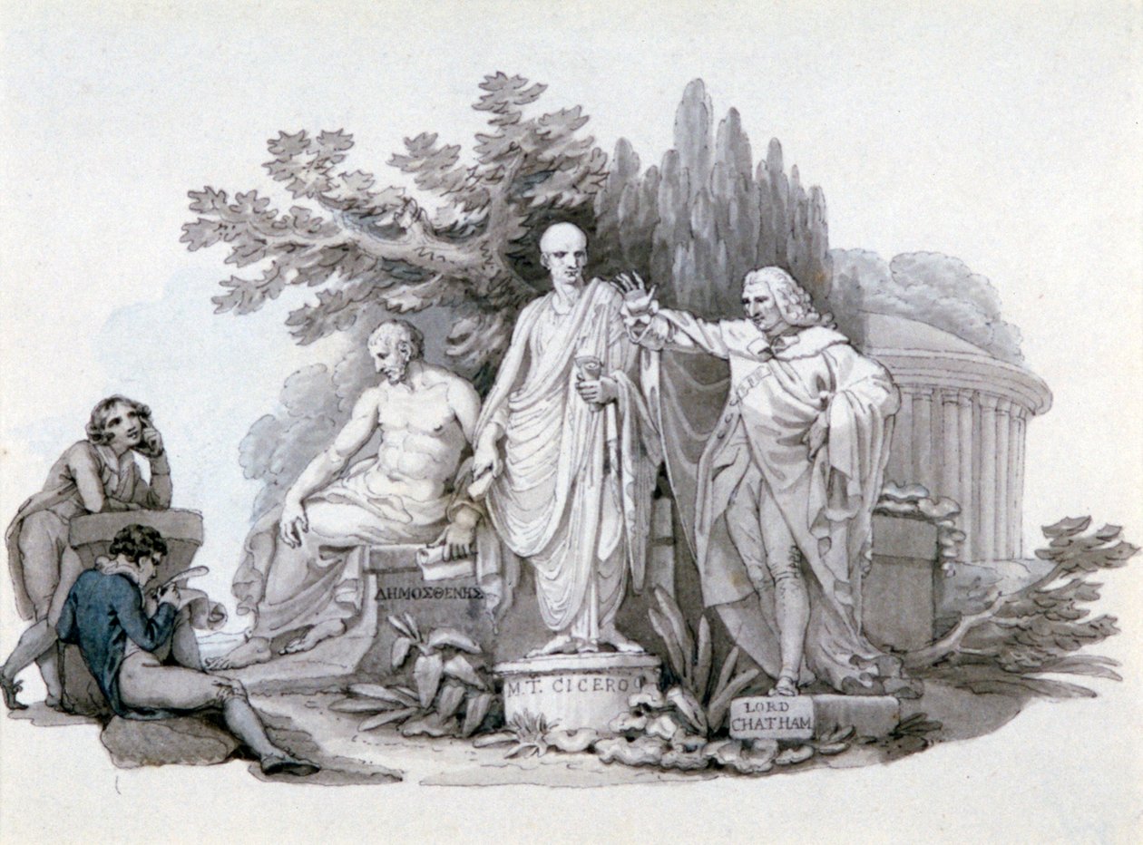 Twee Jongeren die Standbeelden van Demosthenes, Cicero en Pitt Beschouwen, ca. 1780-1848 door Edward Francis Burney