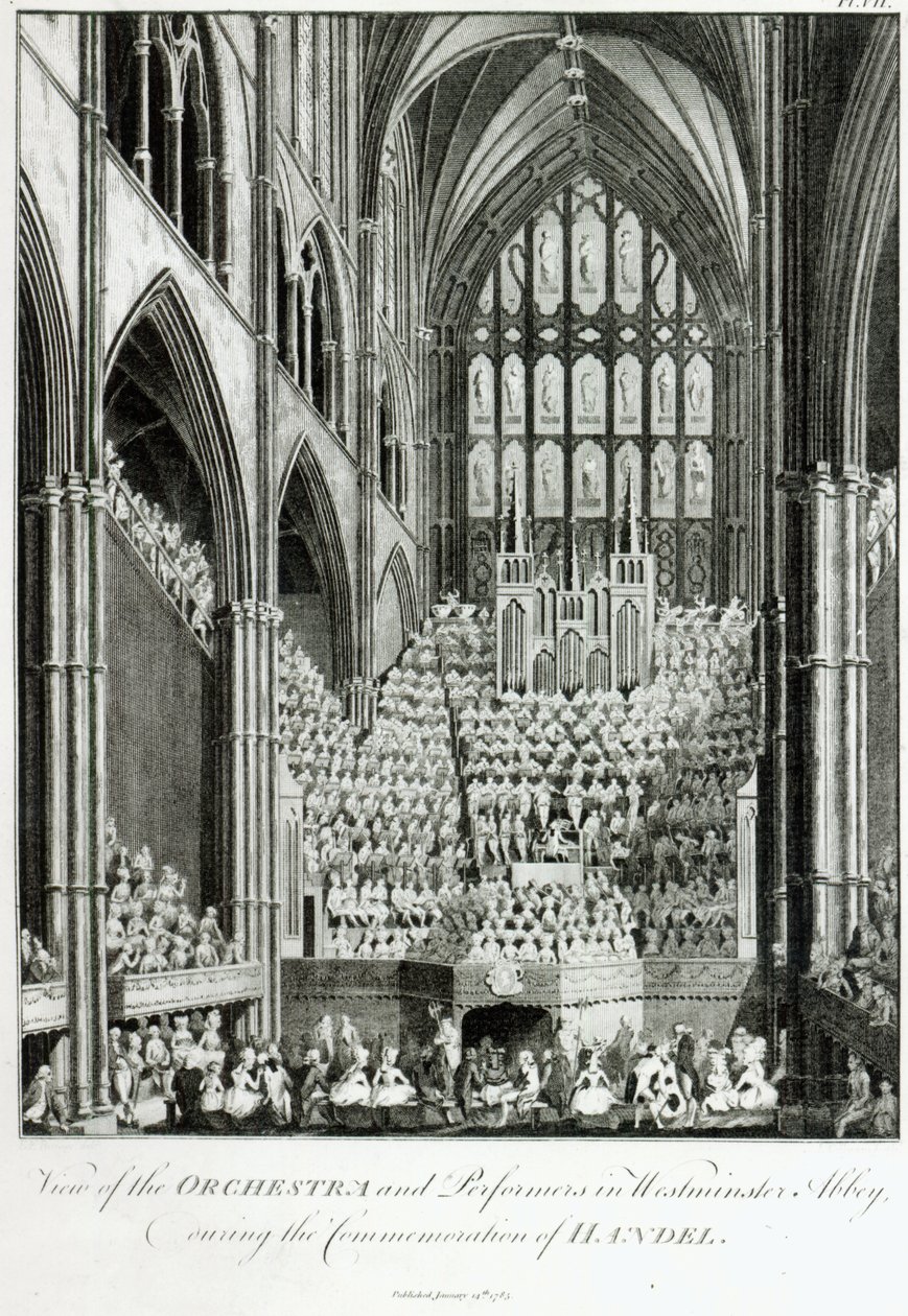 Uitzicht op het Orkest en de Uitvoerders in Westminster Abbey, tijdens de Herdenking van Handel, uitgegeven door Charles Burney, 1785 door Edward Francis Burney