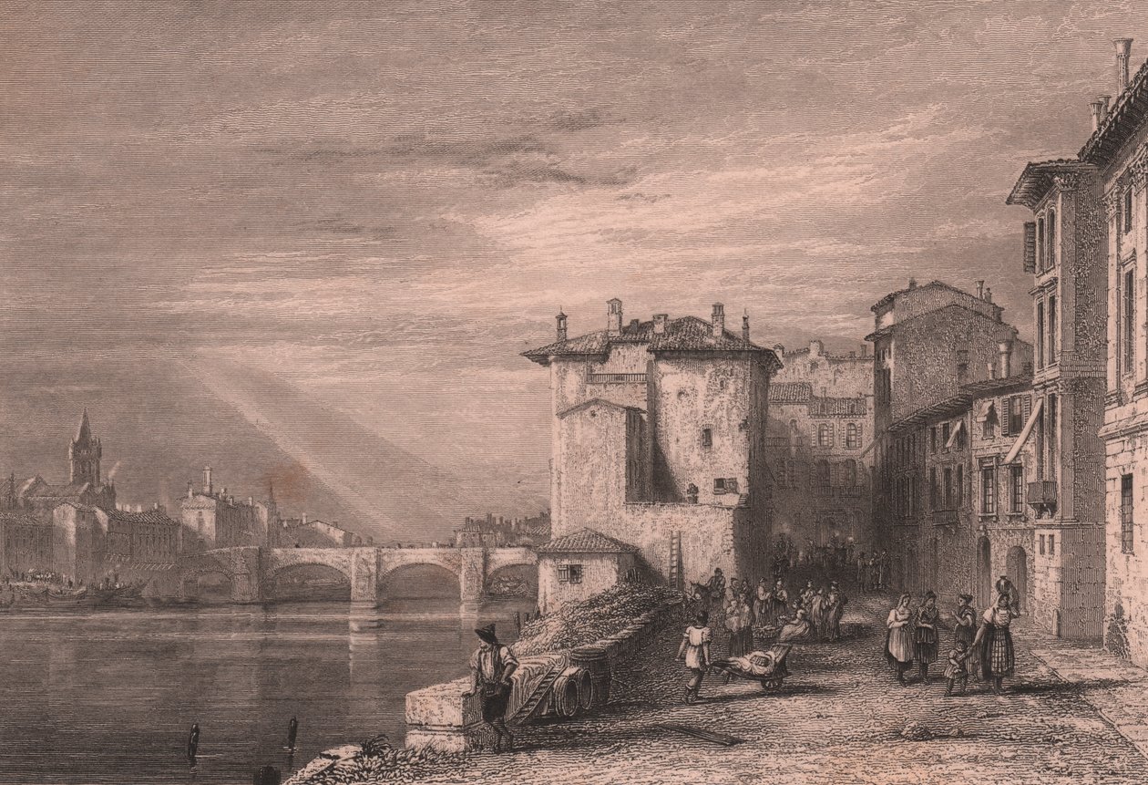 Gezicht op Verona aan de rivier de Adige, Veneto, Italië, staalgravure door Edward Francis Finden (1791-1857) naar tekening van Augustus Wall Calcott (1779-1844), ca 12x10 cm door Edward Francis Finden
