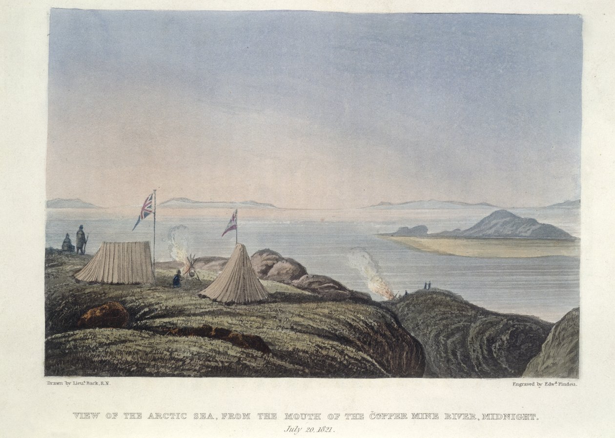 Uitzicht op de Noordelijke IJszee, vanaf de monding van de Coppermine River, middernacht, 20 juli door Edward Francis Finden