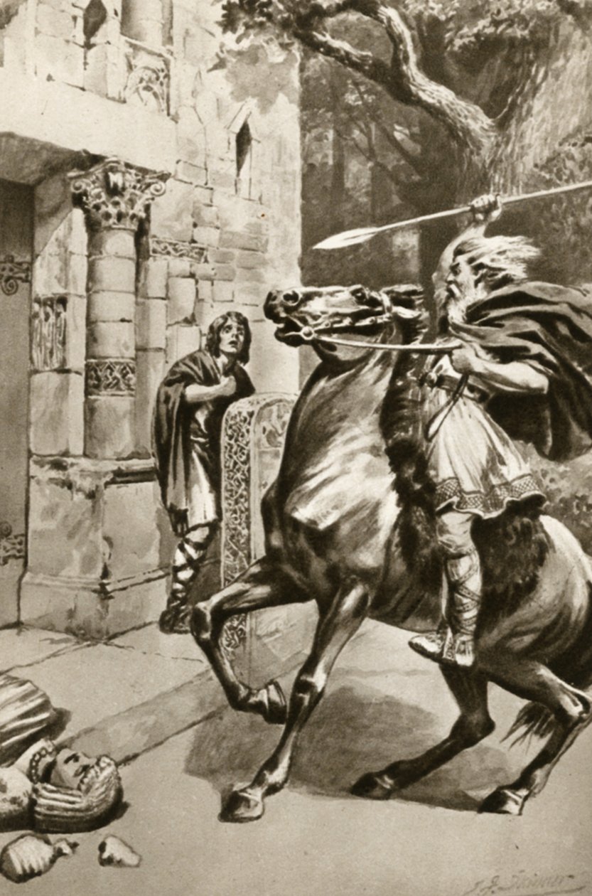 Hogepriester Coifi rijdt Goodmanham Lane op om de afgoden te verpletteren, illustratie uit 