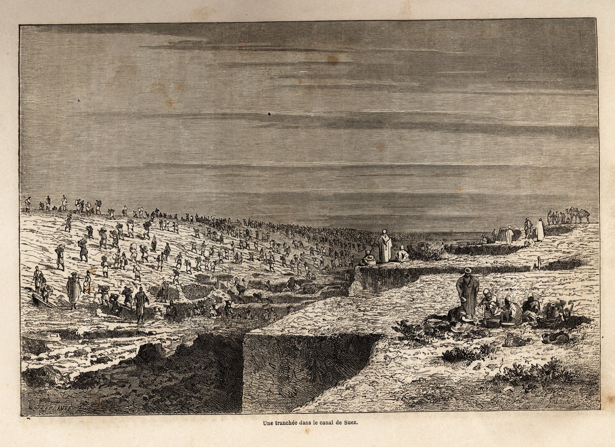 Een greppel in het Suezkanaal. Illustratie van een excursie naar het Suezkanaal in 1862 door Paul Merruau. Gravure in 