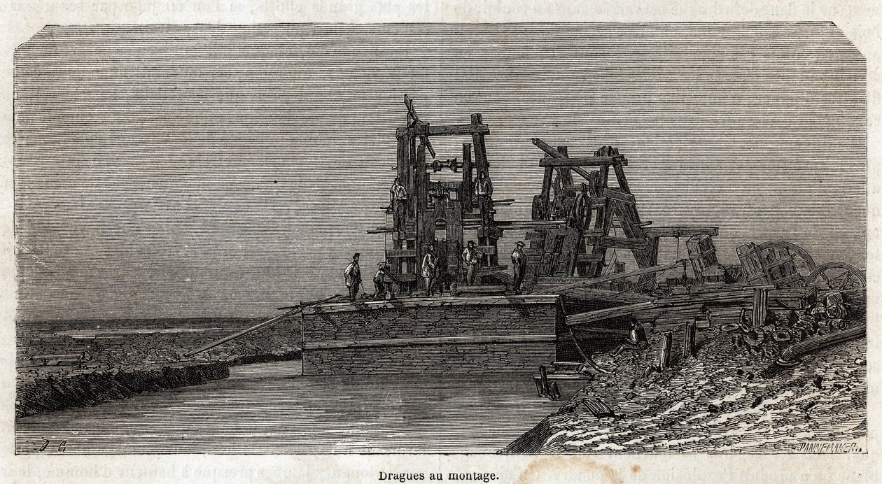 Baggermolens op het Suezkanaal, tekening door Grenet, om een excursie naar het Suezkanaal in 1862 door Paul Merruau te illustreren. Gravure in 