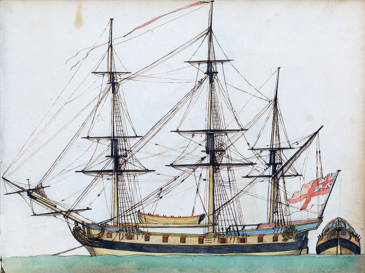 Brits schip van 20 kanonnen, met tuigage en een scheepsboot, en een apart zicht op de achtersteven, c.1780 door Edward Gwyn