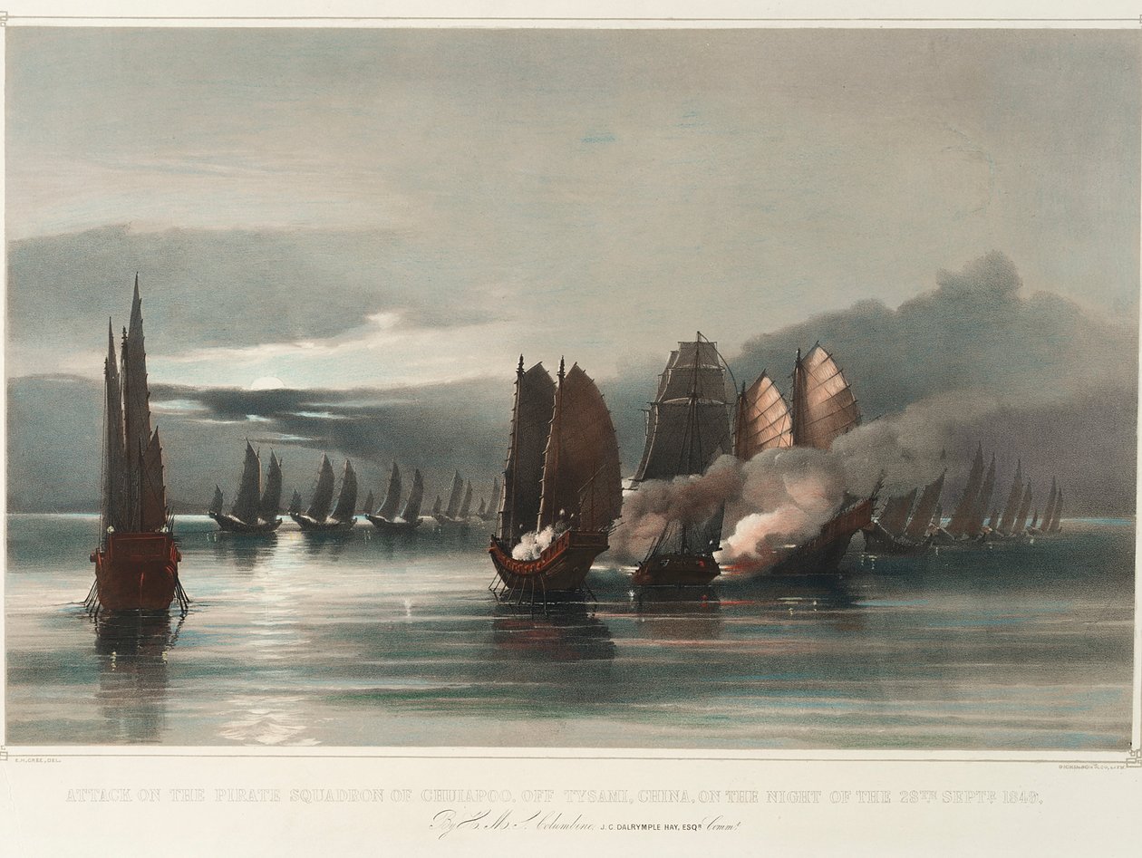 Aanval op het piratensquadron van Chuiapoo, bij Tysami, China, in de nacht van 28 september 1849 door HMS Columbine door Edward Hodges Cree