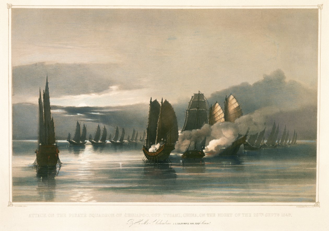Aanval op het piratensquadron van Chuiapoo, bij Tysami, China, 28 september 1849 door Edward Hodges Cree