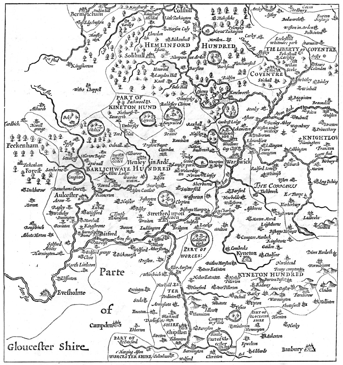 Een kaart van Stratford-upon-Avon en de omliggende gebieden, 1610, 1885 door Edward Hull