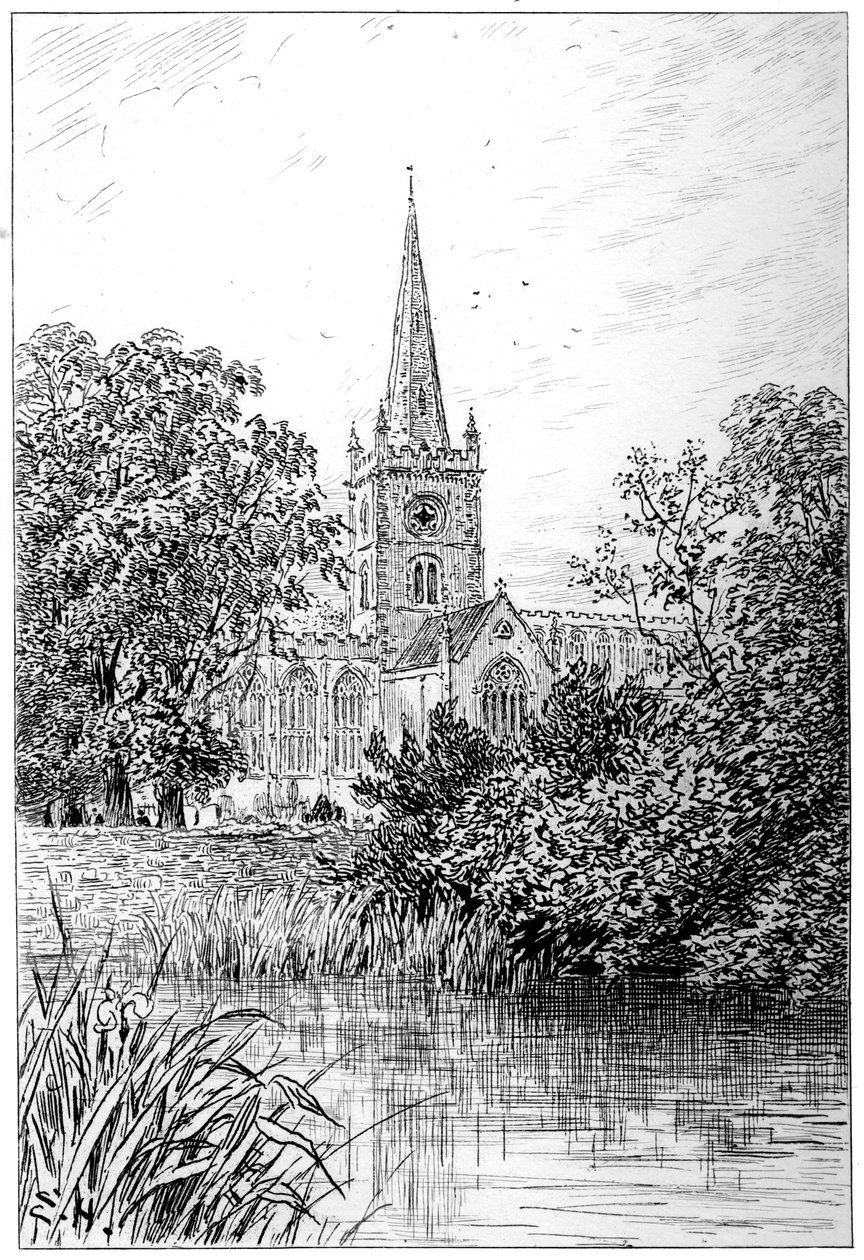 Stratford kerk gezien vanaf de rivier, Stratford-upon-Avon, Warwickshire, 1885 door Edward Hull