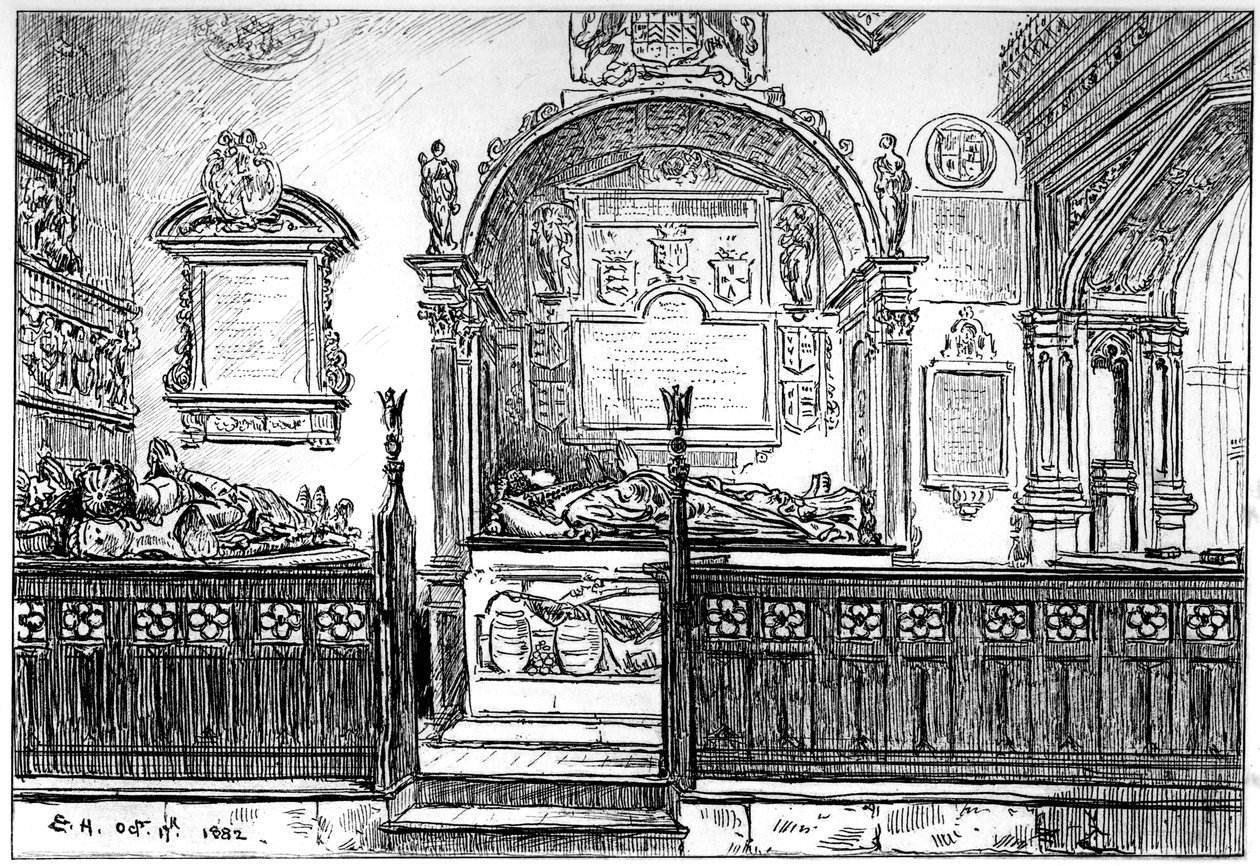 De kerkbank in de Clopton-kerk, Stratford-upon-Avon, Warwickshire, 1885 door Edward Hull