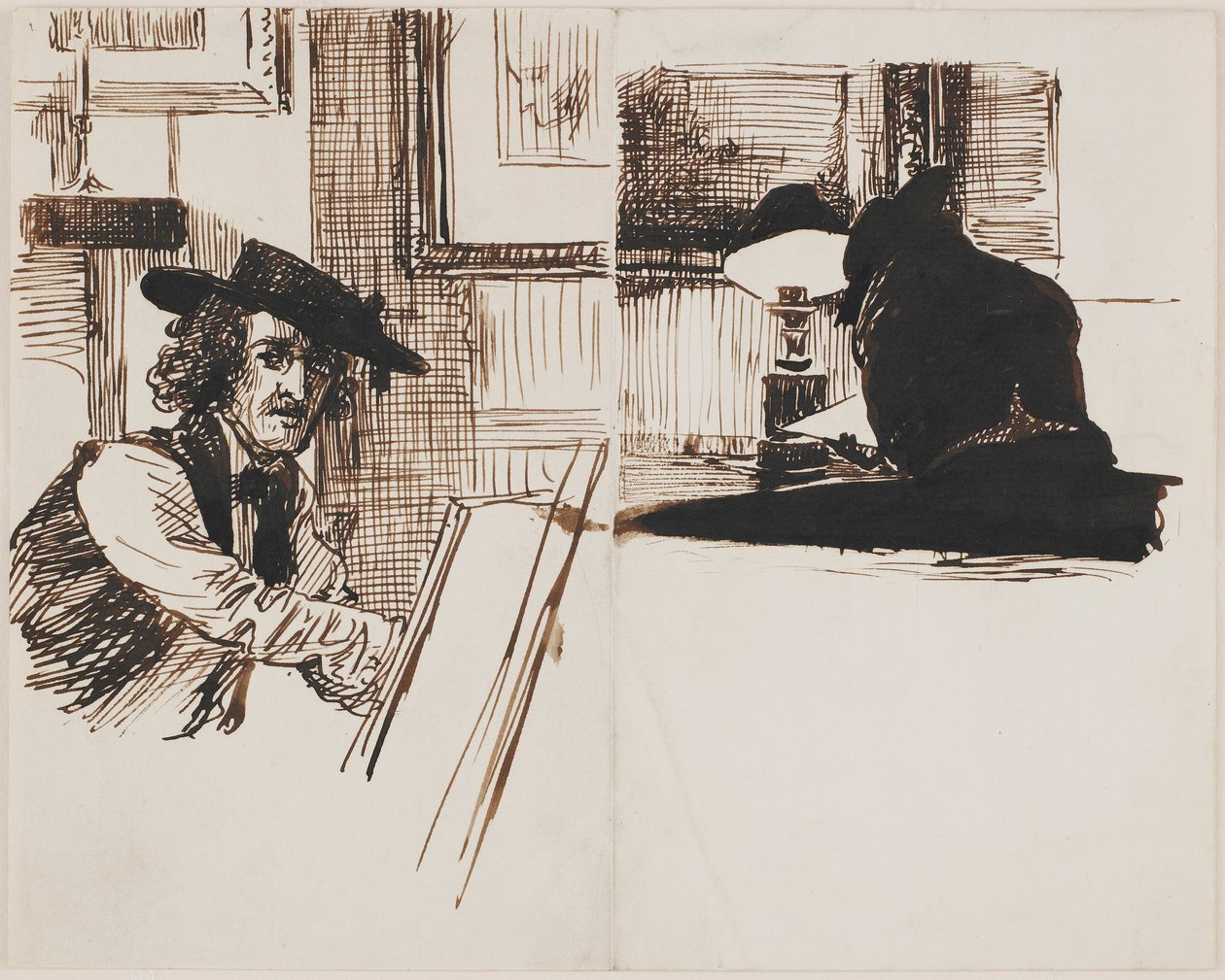 Whistler tekent Poynter, achteraanzicht van een man zittend aan een tafel bij een brandende lamp, 1860 door Edward John Poynter