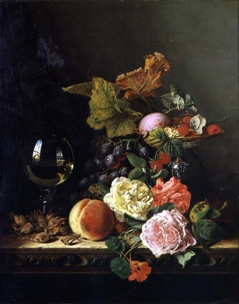 Een wijnglas, druiven, noten en rozen op een richel door Edward Ladell