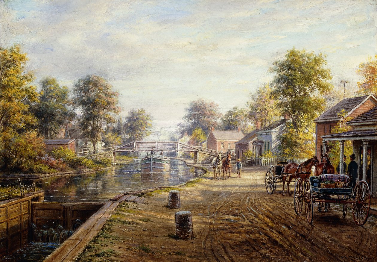 Scène langs het Delaware en Hudson Kanaal, 1907 door Edward Lamson Henry