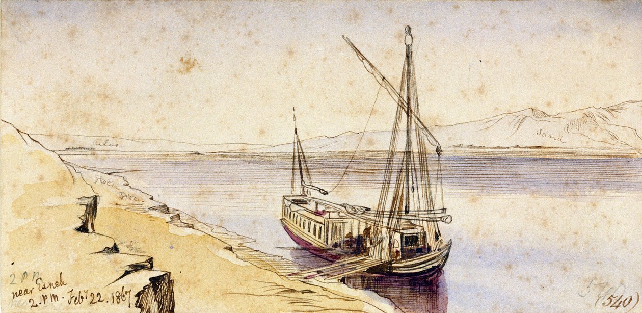 Een traditionele Egyptische boot aanmeren aan een oever van de Nijl, nabij Esneh (Egypte). Gekleurde aquareltekening door Edward Lear