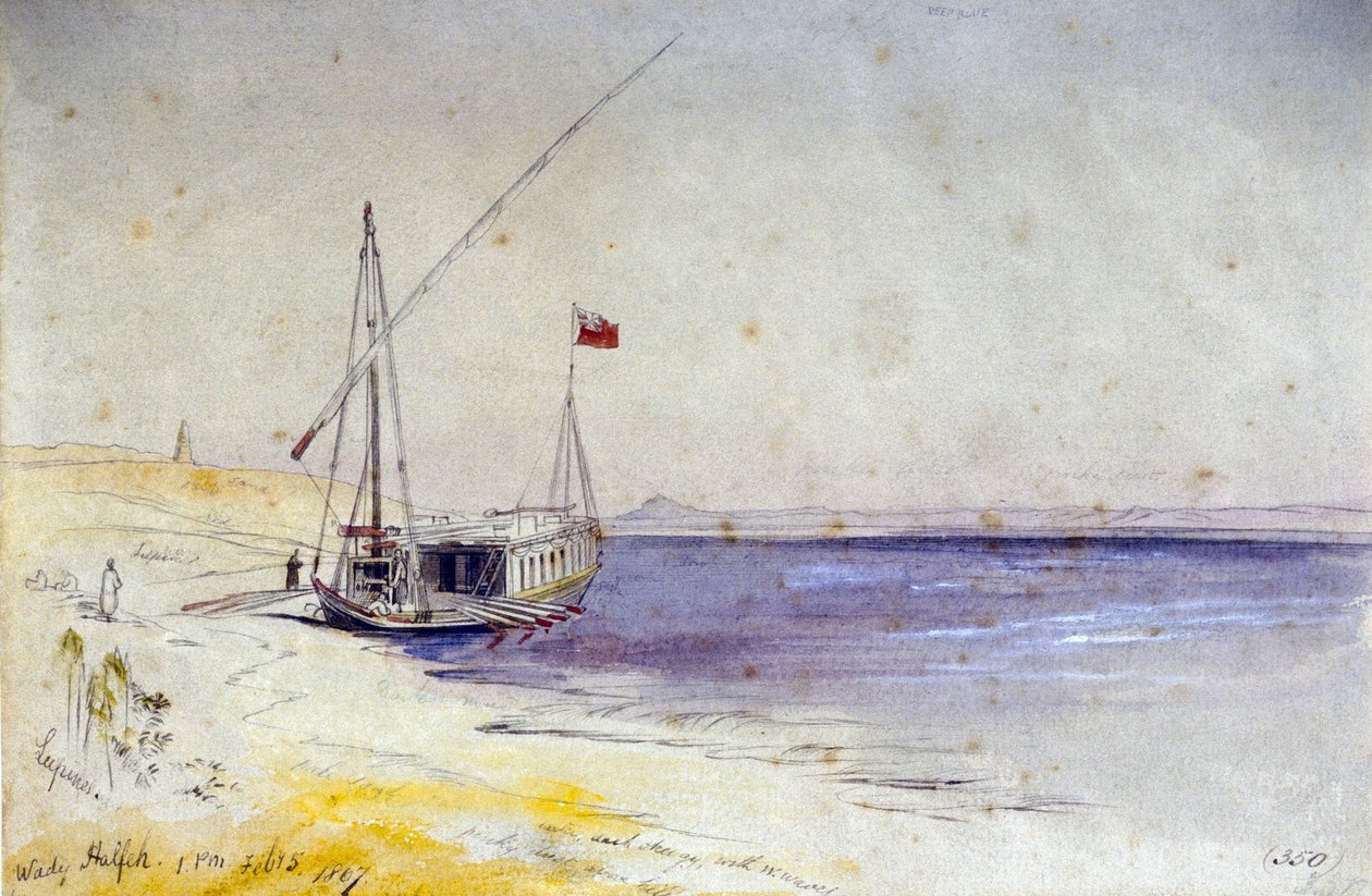 Een Egyptische boot aangemeerd aan de oever van de Nijl, nabij Wady Halfeh (Egypte) door Edward Lear