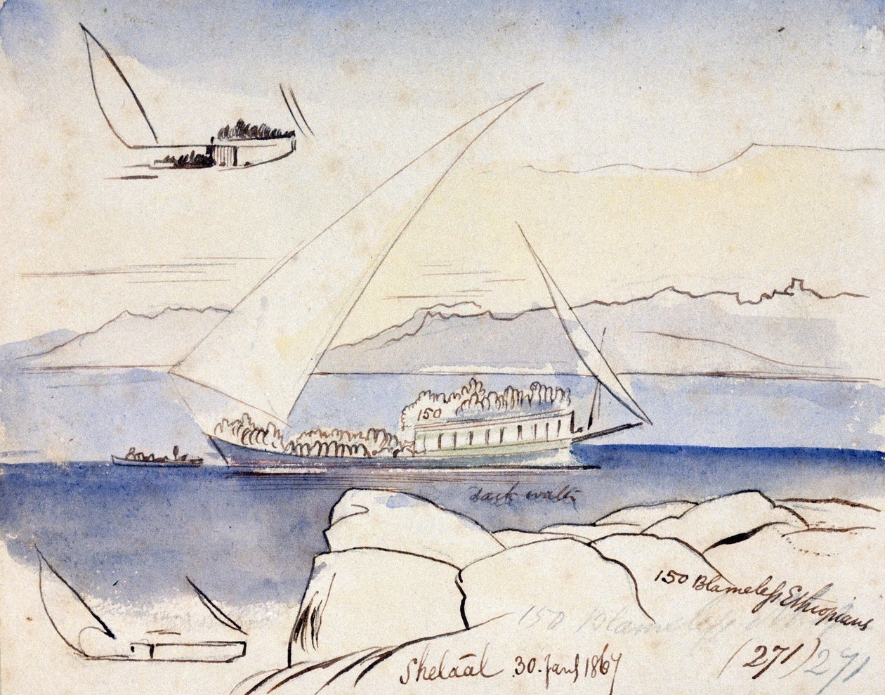 Een Egyptische dhow op de Nijl, nabij Shetaal (Egypte). Gekleurde aquareltekening door Edward Lear