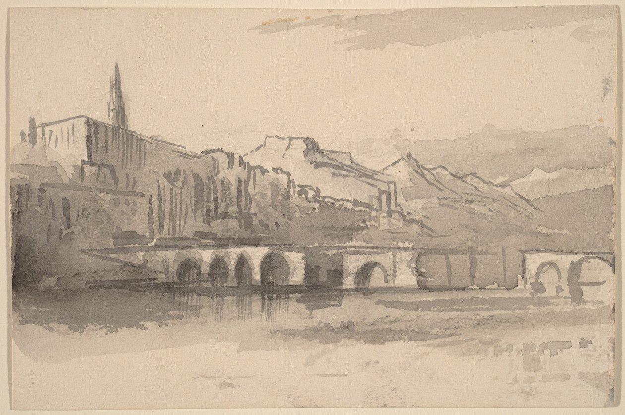 Brug met bergen in de verte (Ventimiglia) door Edward Lear