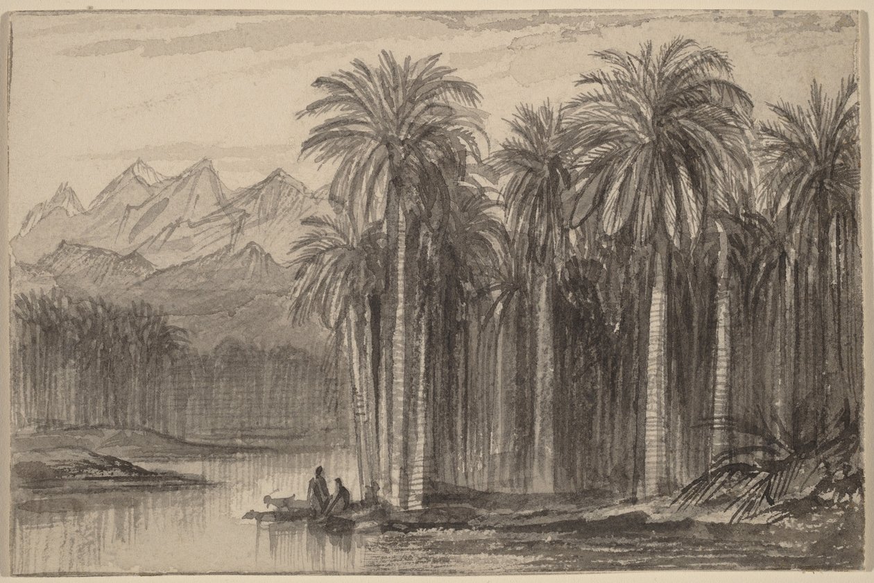 Figuren die vanuit een palmbos in kano’s vertrekken (Wadi Feiran) door Edward Lear