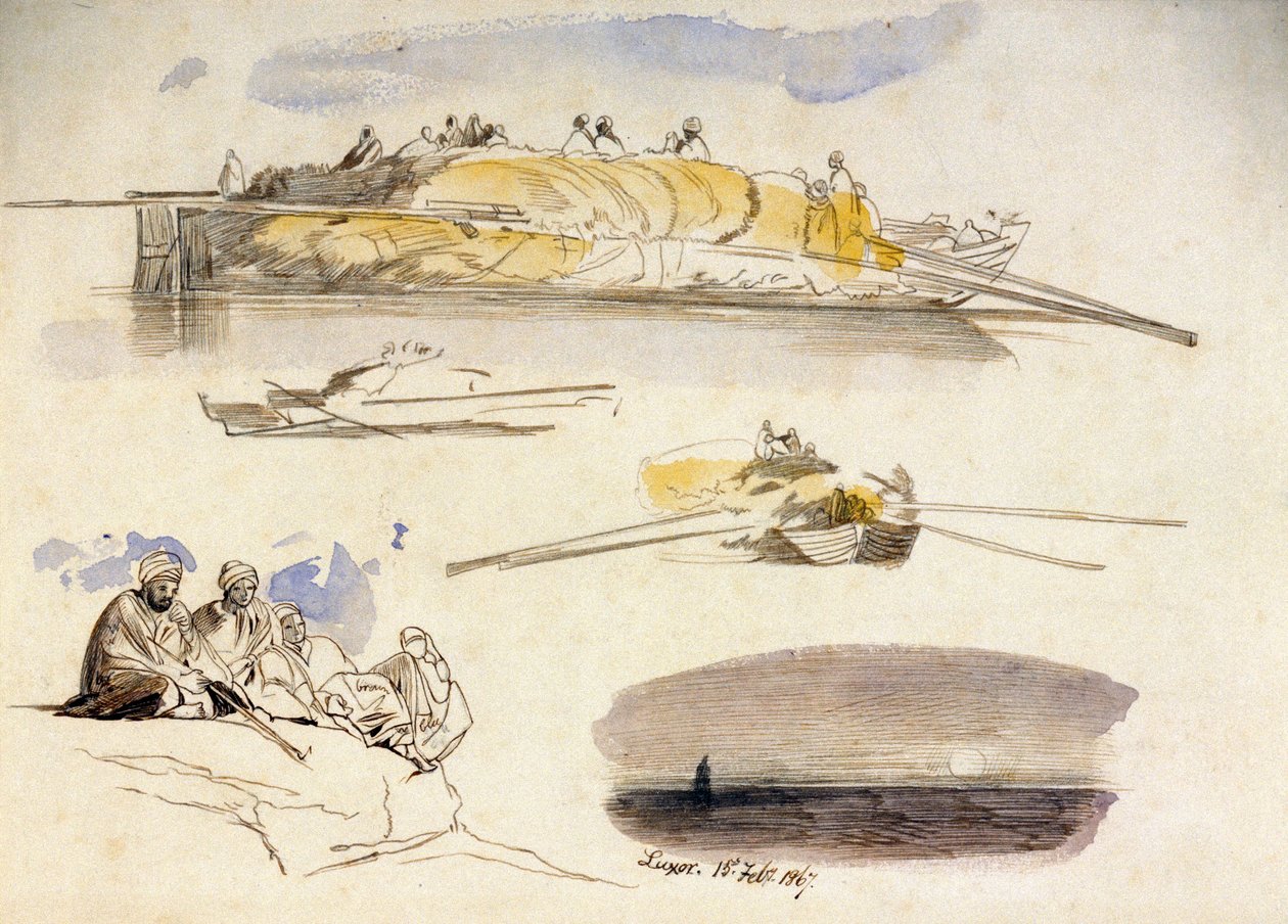 Vijf schetsen van Luxor (Egypte), drie uitzichten van een woonboot geladen met stro, een schets van vijf Egyptenaren zittend en een landschap bij schemering door Edward Lear