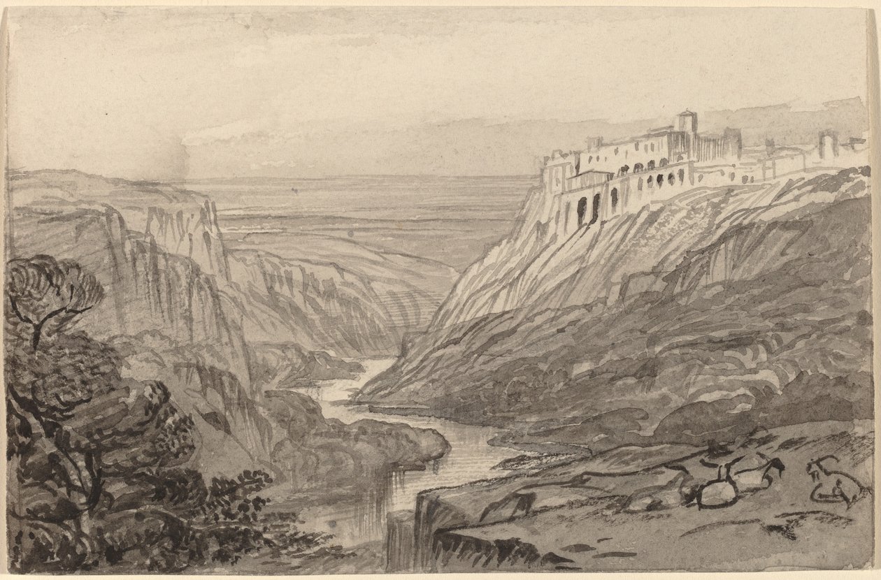 Rustende geiten boven een rivierkloof Narni, Italië, 1884-1885 door Edward Lear