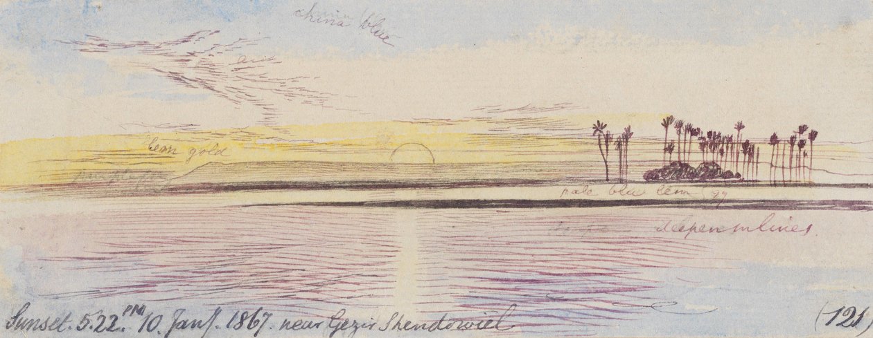 In de buurt van Gezir Shendowiel; zonsondergang, 17.22 uur, 10 januari 1867 (121) door Edward Lear
