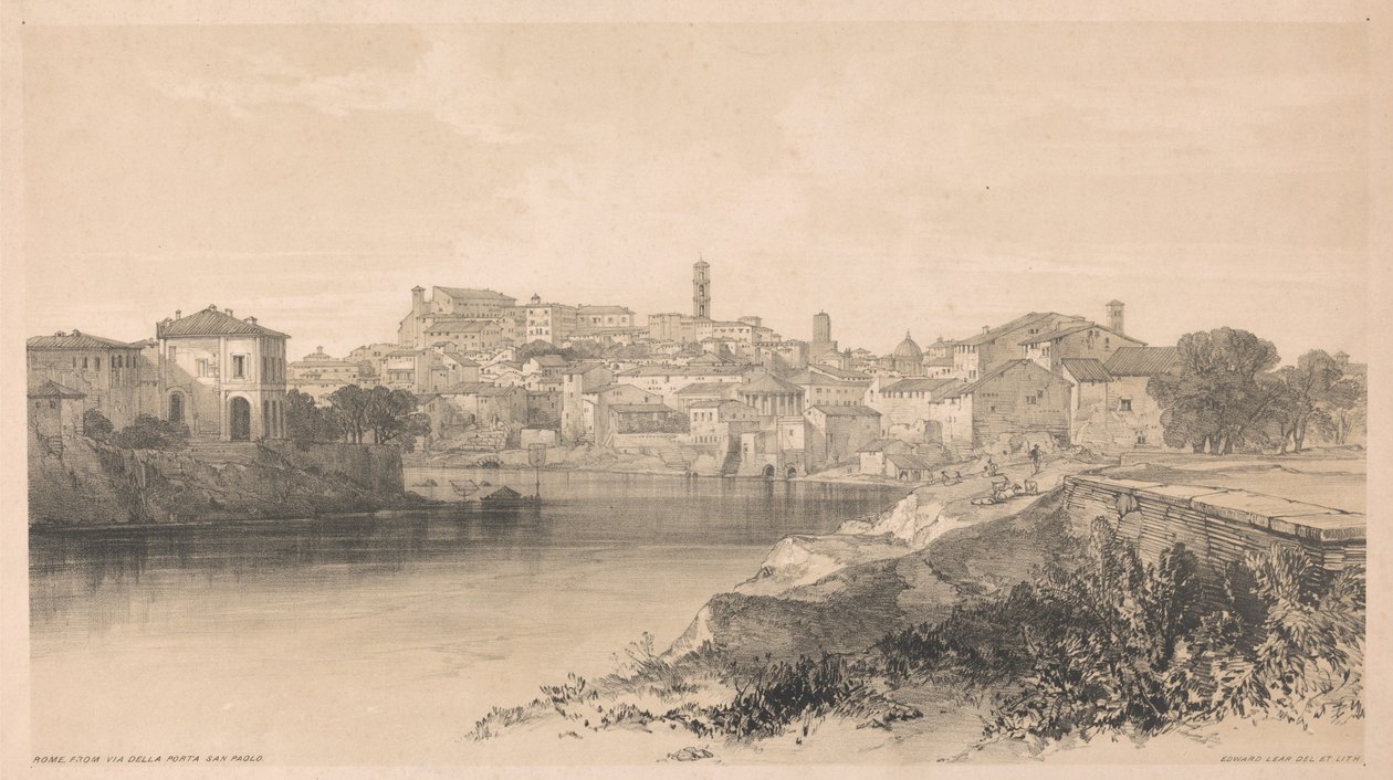 Rome, gezien vanaf de Via della Porta San Paolo, uit *Uitzichten in Rome en omgeving*, 1841 door Edward Lear