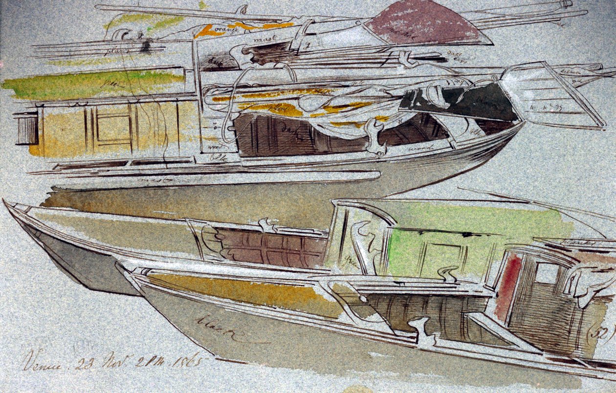 Studies van Venetiaanse boten, afgemeerd door Edward Lear