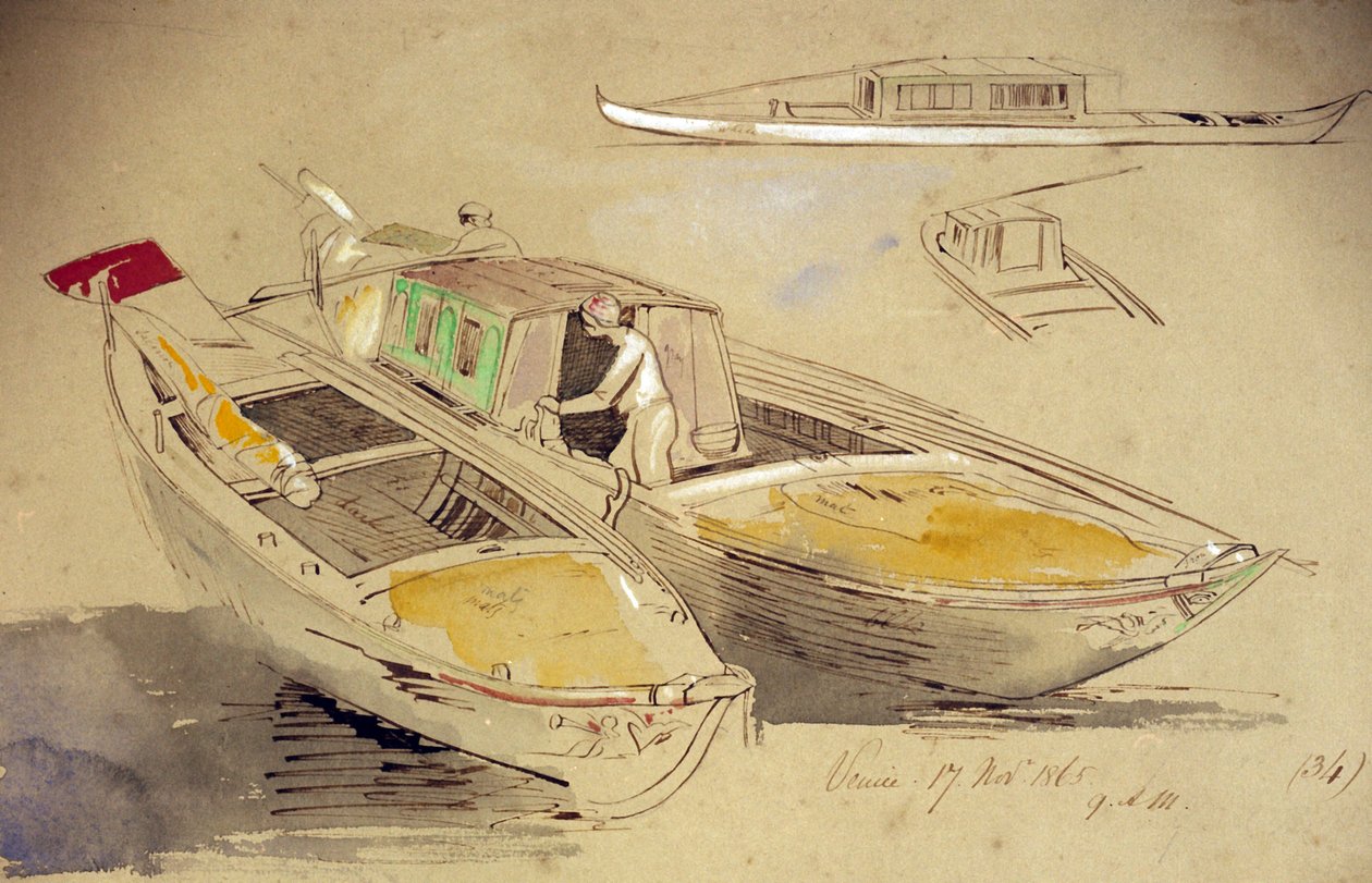 Studies van Venetiaanse boten, aan de kust door Edward Lear